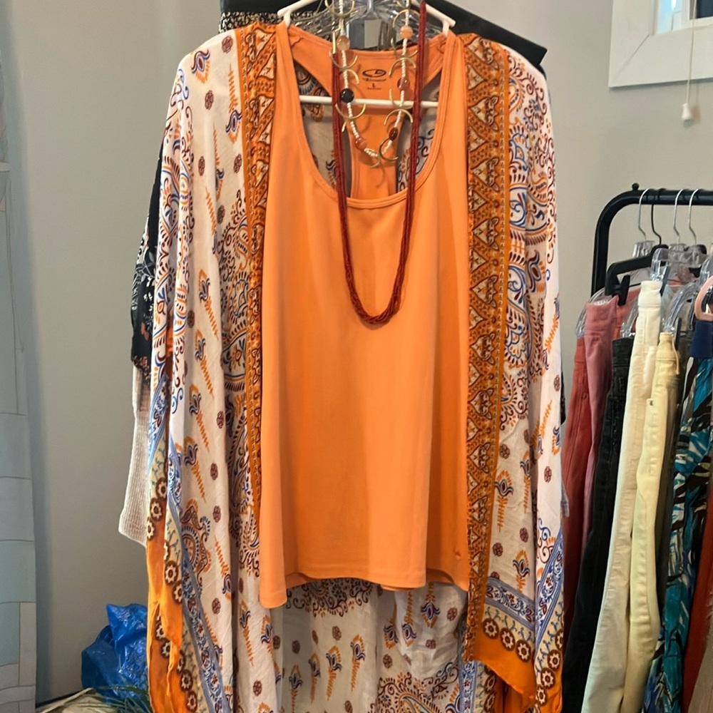 Orange and Multicolor Women's Top and Kimono Set